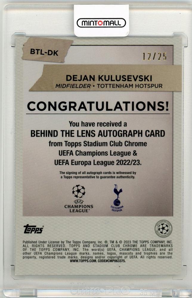 2022-23 Topps Stadium Club Chrome UEFA Dejan Kulusevski Behind the Lens Autograph Photo Negative Refractor Parallel12/25 Tottenham