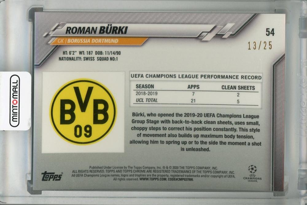 2019-20 Topps Chrome UEFA Champions League Borussia Dortmund Roman Burki Base Orange Parallel trading card serial 13 of 25