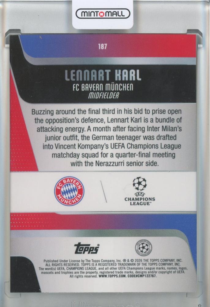 2025-26 Topps UEFA Club Competitions Lennart Karl RC Diamante #187 FC Bayern Munich