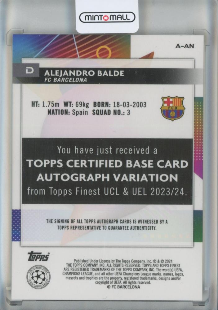 2023-24 Topps Finest UEFA Alejandro Balde Gold Refractor #A-AN20/50 FC Barcelona