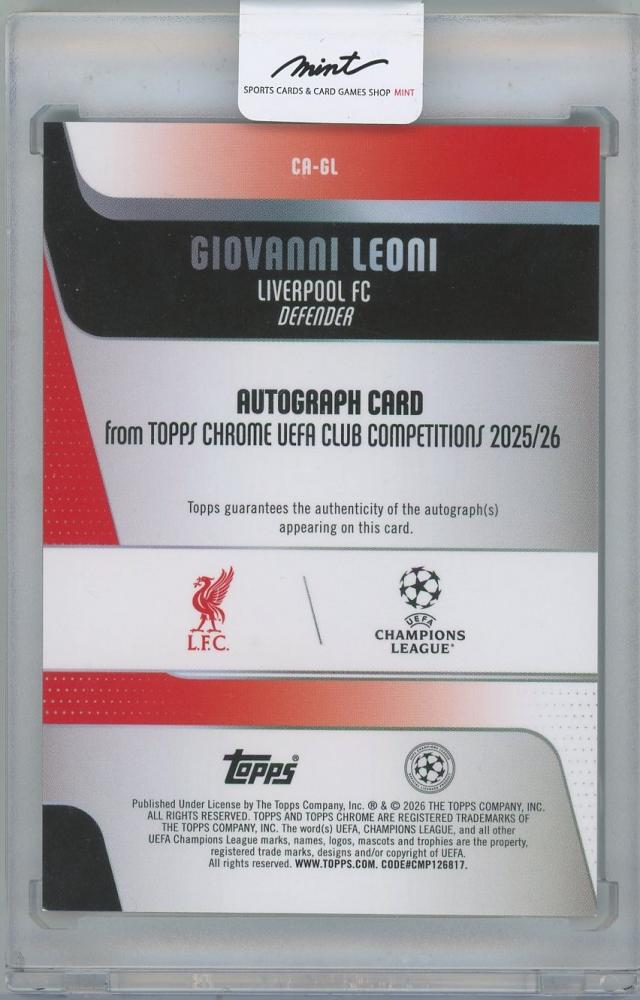 2025-26 TOPPS Chrome UEFA Club Competitions Autographs Aqua Lava Refractors / GIOVANNI LEONI (Liverpool FC) 015/199