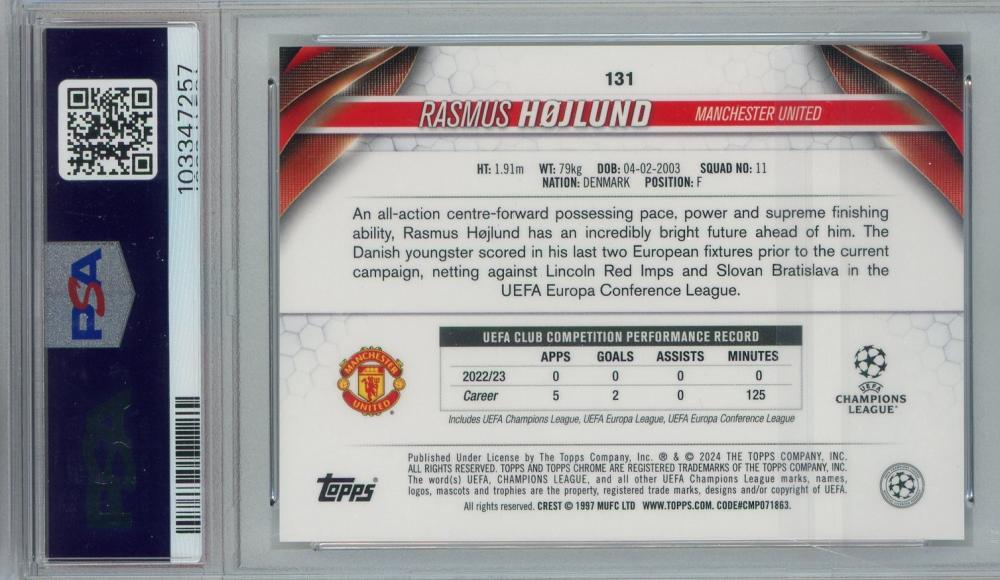 2023-24 Topps Chrome UEFA Club Competitions Rasmus Hojlund Hero Variations #131PSA9 Manchester United