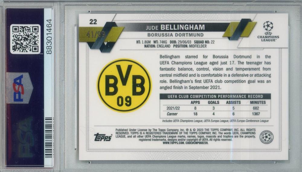 2022-23 Topps Chrome UEFA Club Competitions Jude Bellingham Color Match #2241/99PSA9 Borussia Dortmund