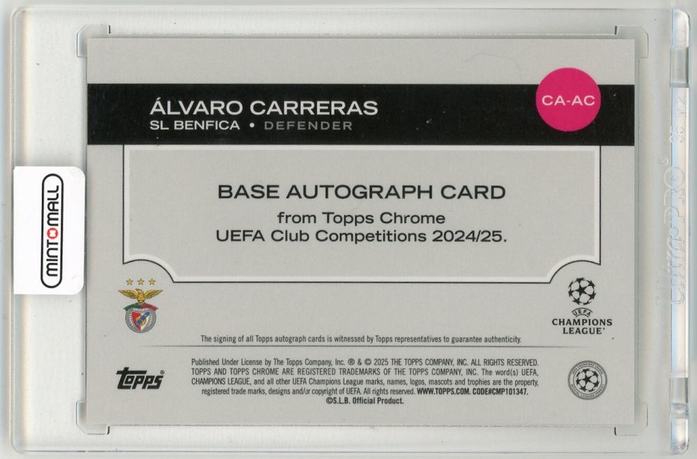 2024-25 Topps Chrome UEFA Club Competitions Alvaro Carreras Autographs Gold Refractor Parallel17/50 SL Benfica