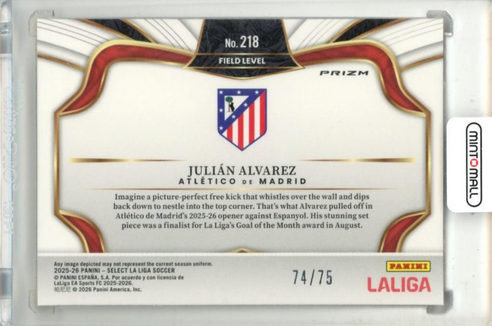 2025-26 Panini Select La Liga Julian Alvarez #218 Base Field Level Orange Parallel 74/75