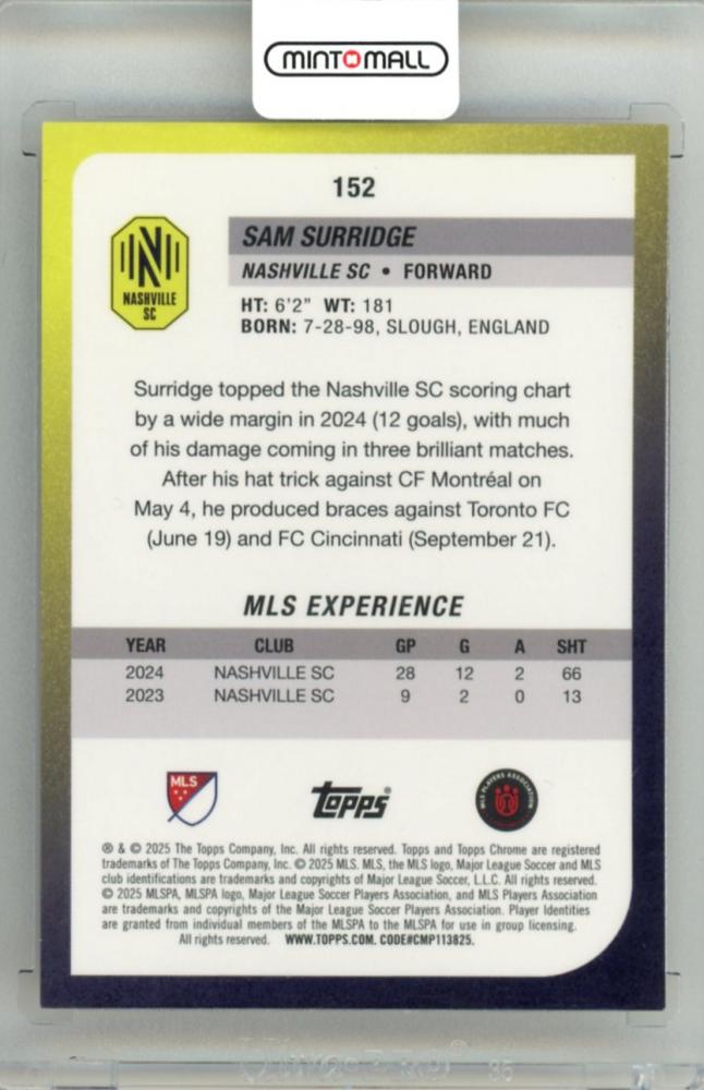 2025 Topps Chrome Major League Soccer Samuel Surridge #152 Base Orange Wave Parallel20/25