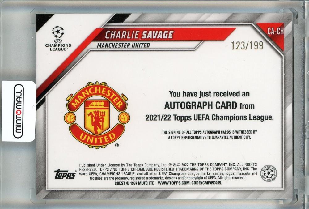 2021-22 Topps Chrome UEFA Champions League Charlie Savage RC Autographs Aqua Refractors #CACH123/199 Damage Manchester United