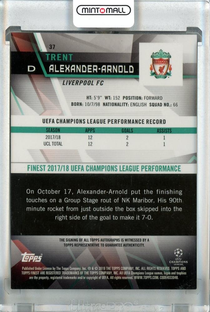 2018-19 Topps Finest UEFA Champions League Trent Alexander-Arnold Autographs #37Designed for Liverpool FC