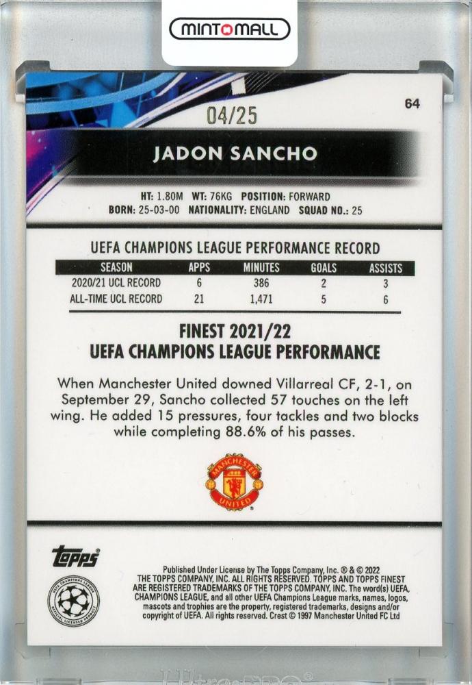 2021-22 Topps Finest UEFA Champions League Jadon Sancho Orange Refractors #644/25 Manchester United