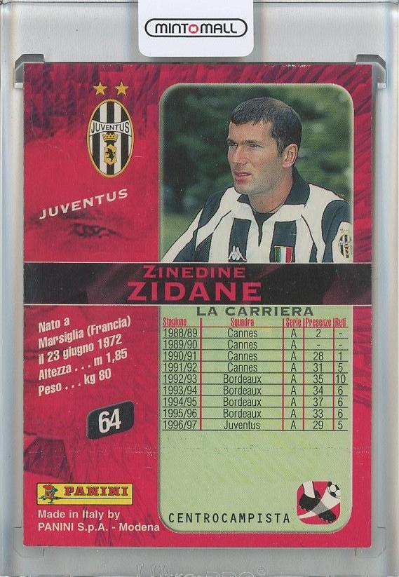 1997-98 Panini Calcio trading card featuring Zinedine Zidane in Juventus kit, card number 64