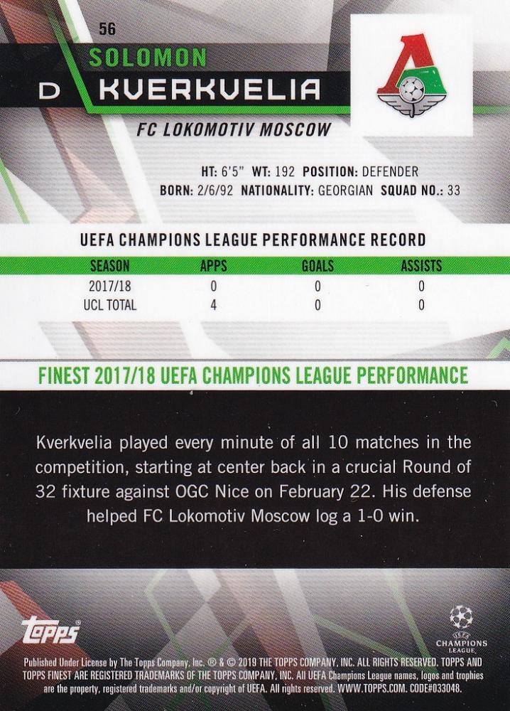 2018-19 Topps Finest UEFA Champions League FC Lokomotiv Moscow Solomon Kverkvelia Red Base Card 01 of 10