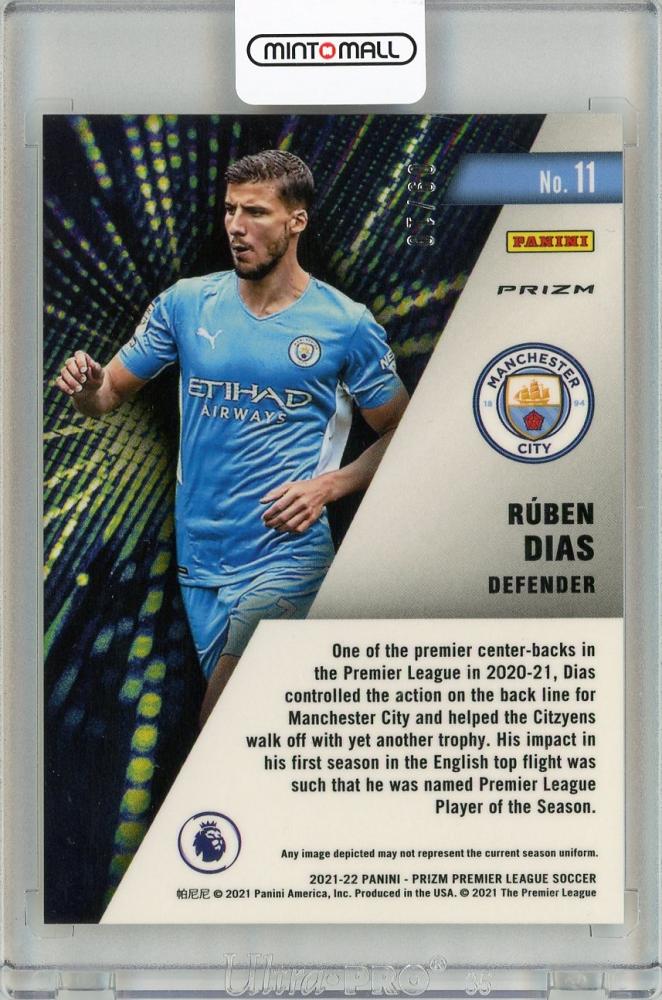 2021-22 PANINI PRIZM Premier League Instant Impact Prizms Gold Ruben Dias #11 card numbered 09/10 with minor back stain