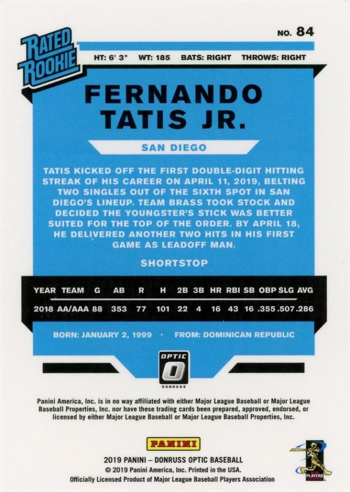 2019 Panini Donruss Optic Fernando Tatis Jr. Base Rookie Card number 84 showing player image and details