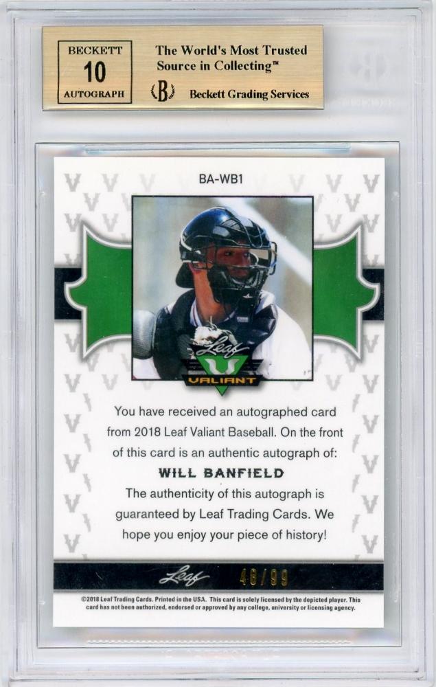 2018 Leaf Valiant Will Banfield Green Auto trading card graded BGS 10 PRISTINE with serial 48 of 99
