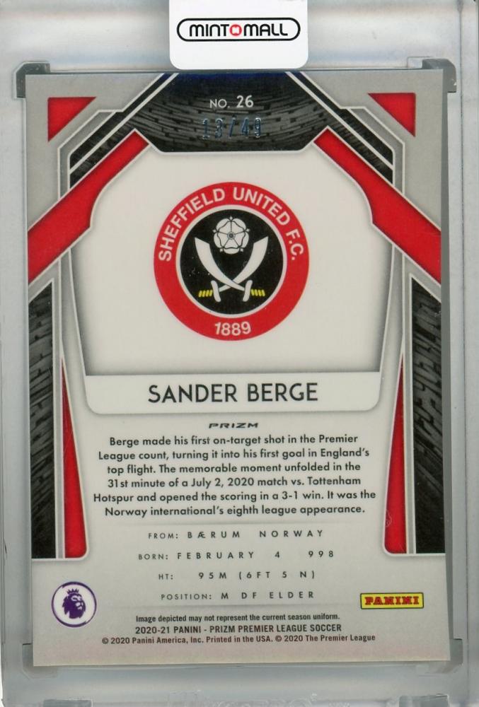 2020-21 Panini Prizm Premier League Sheffield United Sander Berge Base Green Ice trading card serial 13 of 49
