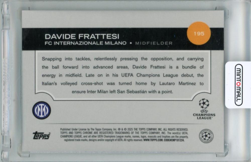 2024-25 Topps Chrome Uefa Club Competition Davide Frattesi #195 Base Green Lava Refractor Parallel10/99 FC Internazionale Milano