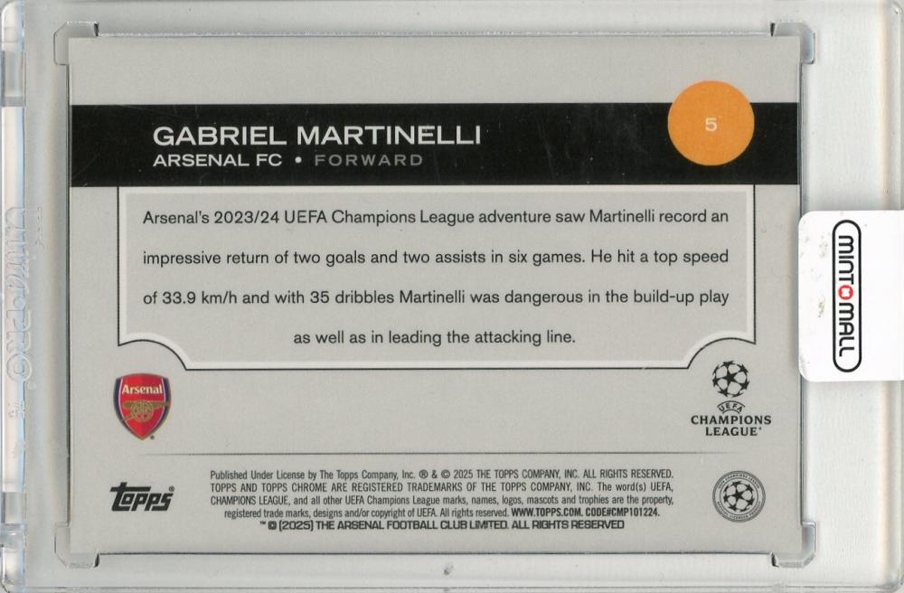 2024-25 Topps Chrome UEFA Club Competitions Gabriel Martinelli Magenta Refractors #511/75 Arsenal