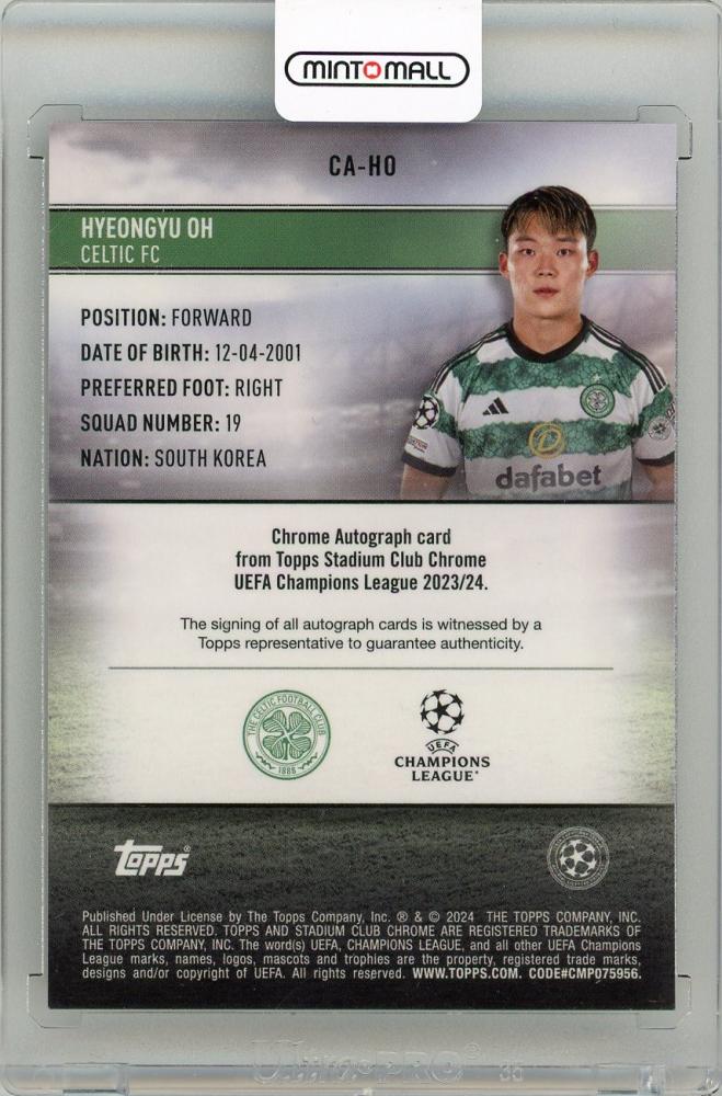 2023-24 TOPPS Stadium Club Chrome UEFA Club Competitions Hyeongyu Oh Chrome Autographs #CAHO Celtic FC