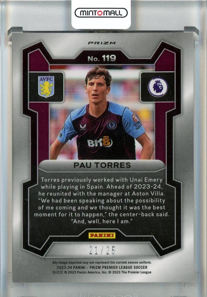 2023-24 Panini Prizm English Premier League Pau Torres Purple Mojo #11921/25 Aston Villa