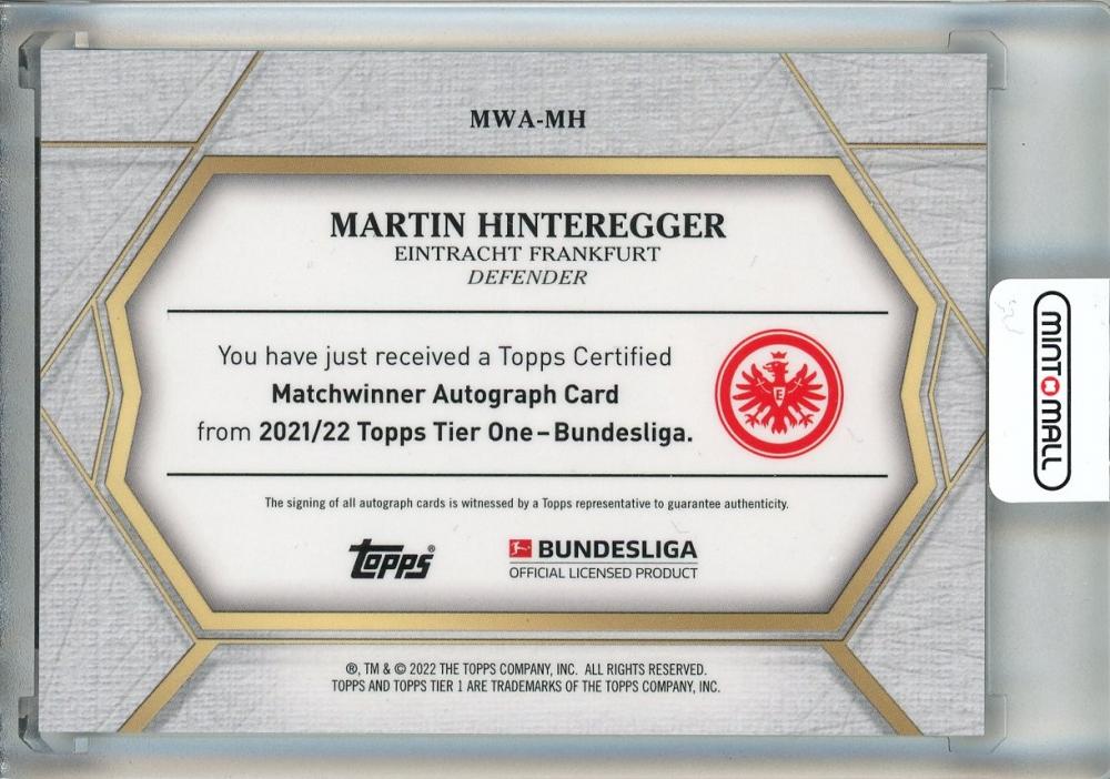 2021-22 Topps Tier One Bundesliga Martin Hinteregger Matchwinner Autographs Purple #MWAMH16/50 Eintracht Frankfurt