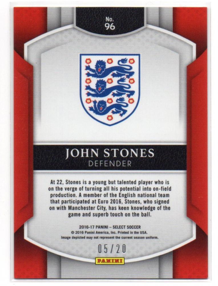 2016-17 PANINI Select Terrace Base Camo Parallels John Stones trading card serial 5 of 20 from England