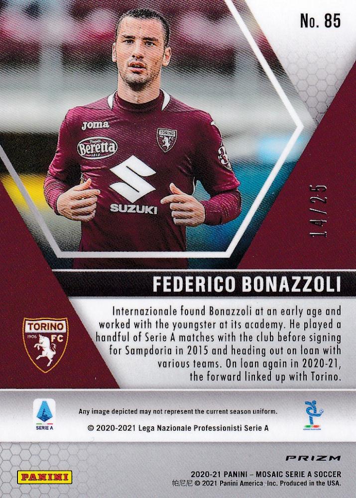2020-21 Panini Mosaic Serie A Torino FC Federico Bonazzoli Pink Base Parallel trading card 14 of 25