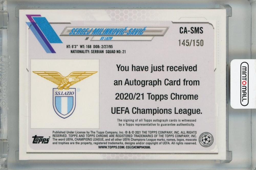 2020-21 Topps Chrome UEFA Champions League Sergej Milinkovic-Savic Chrome Autographs Blue Refractor #CA-SMS Initial scratches and
