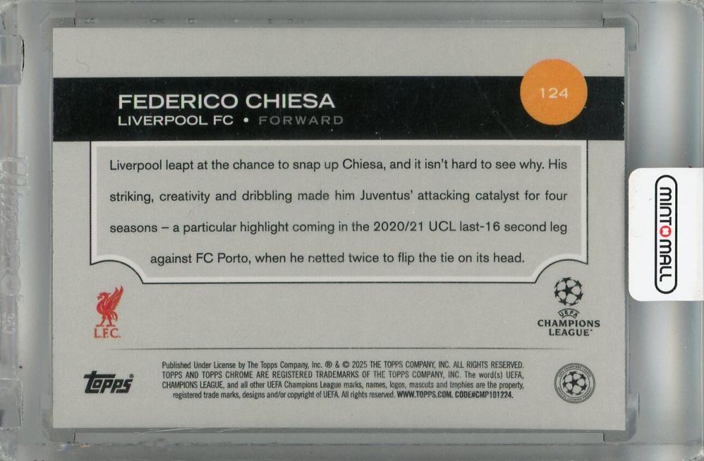 2024-25 Topps Chrome UEFA Club Competitions Federico Chiesa Pink Lava Refractors #124092/250 Liverpool FC
