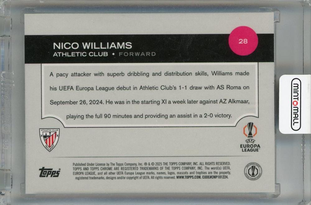 2024-25 Topps Chrome UEFA Club Competitions Nico Williams Blue Refractors #28 ※裏面初期傷あり061/150 Athletic Club