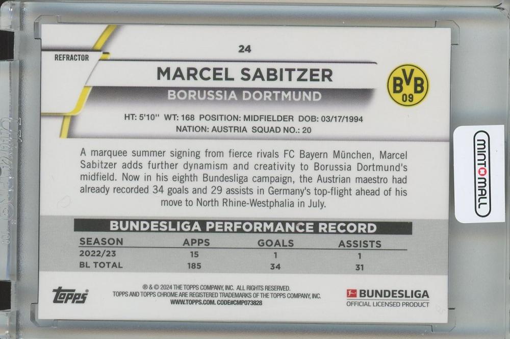 2023-24 TOPPS CHROME BUNDESLIGA SOCCER Marcel Sabitzer Base/Gold Refractors / #2412 / 50 Borussia Dortmund