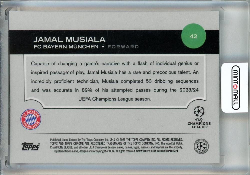 2024-25 Topps Chrome UEFA Club Competitions Jamal Musiala Violet Refractors #42182/299 FC Bayern Munchen