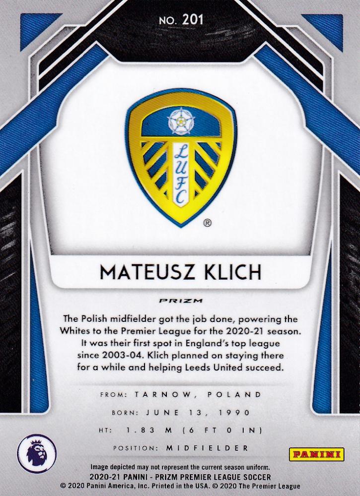2020-21 Panini Prizm Premier League Mateusz Klich Leeds United Base Tiger Stripe parallel card