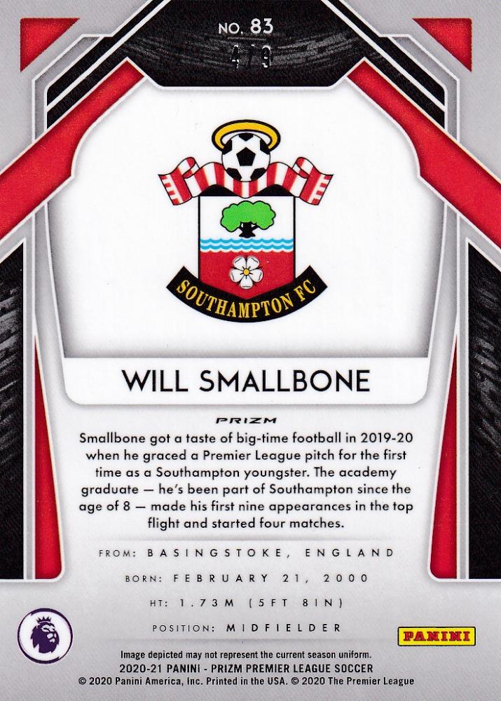 2020-21 Panini Prizm Premier League Choice Southampton Will Smallbone Base Green parallel trading card serial numbered 4/9