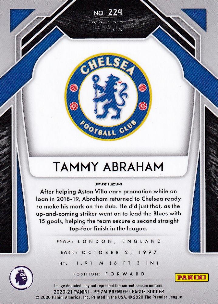 2020-21 Panini Prizm Premier League Tammy Abraham Chelsea FC Base Purple serial numbered 02/99 trading card