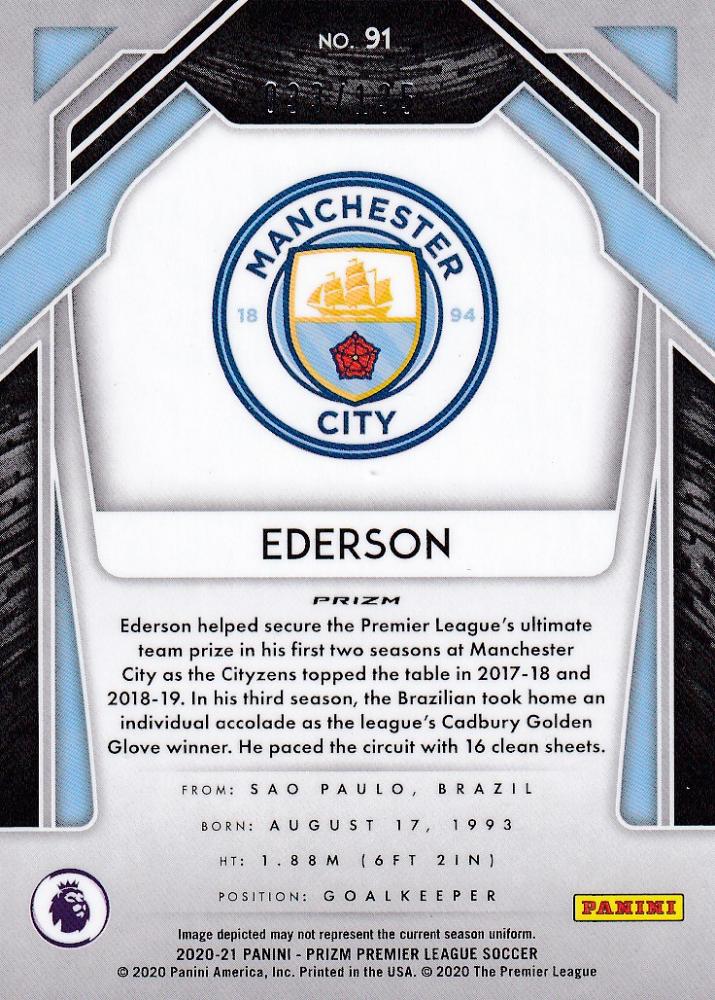 2020-21 Panini Prizm Premier League Manchester City Ederson Base Red Mojo parallel trading card number 033 of 135