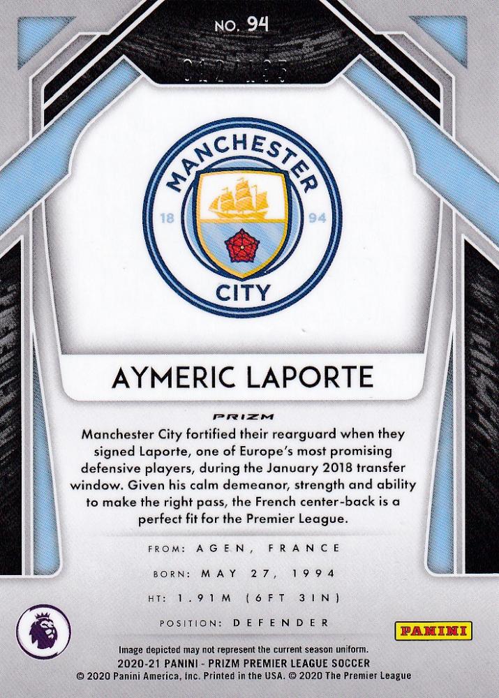 2020-21 Panini Prizm Premier League Manchester City Aymeric Laporte Base Red Mojo card number 012 of 135