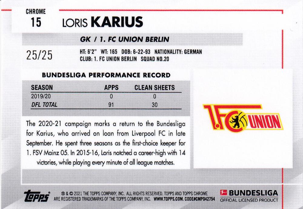 2020-21 Topps Chrome Bundesliga Loris Karius Union Berlin football trading card orange border 25 of 25