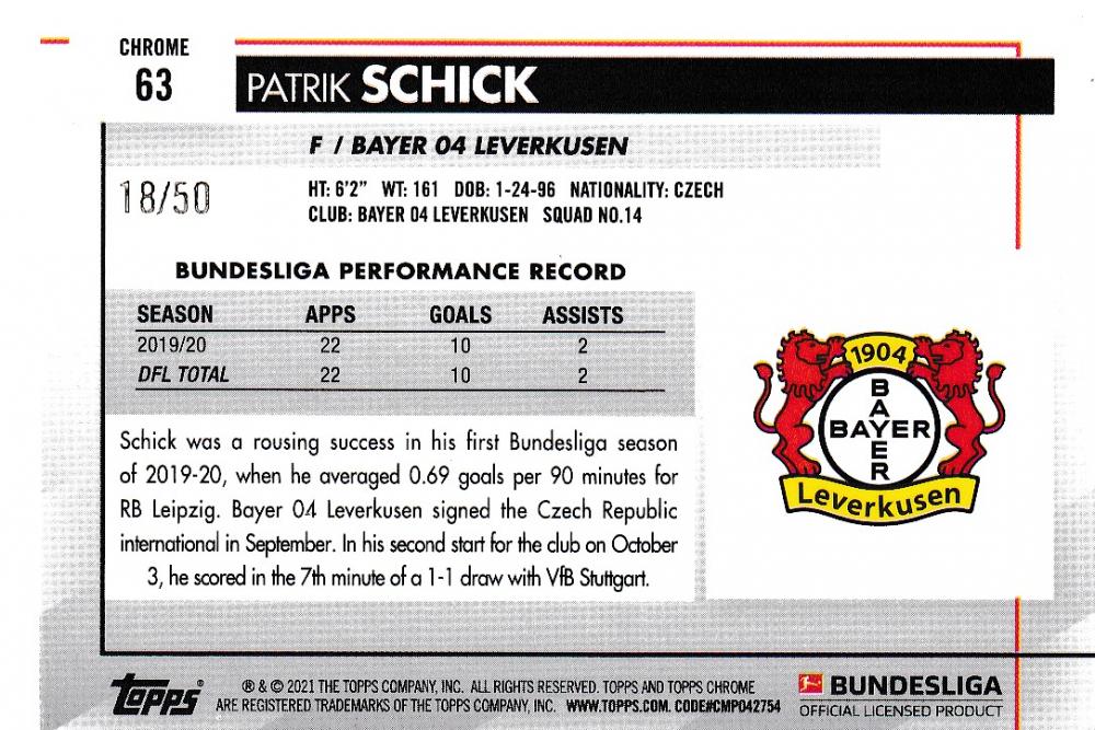 2020-21 Topps Chrome Bundesliga trading card of Patrik Schick Bayer 04 Leverkusen Base Gold Parallel 18 out of 50