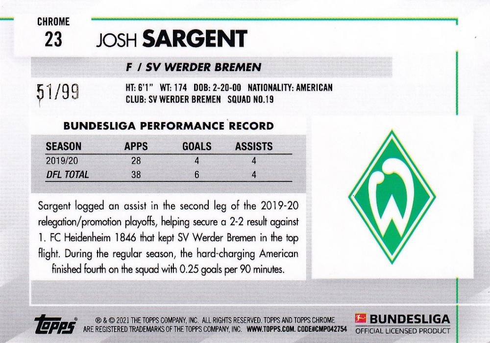 2020-21 Topps Chrome Bundesliga Josh Sargent SV Werder Bremen Base Green parallel card serial 51 of 99