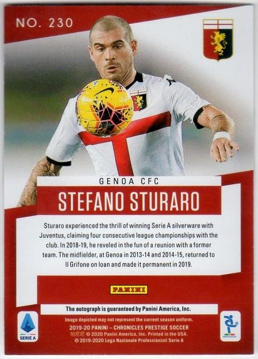2019-20 Panini Chronicles Stefano Sturaro autograph trading card serial numbered 171 of 500 with minor stain on back