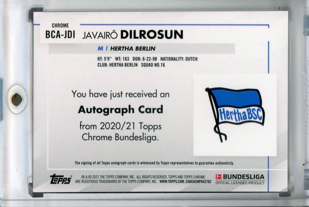 2020-21 Topps Chrome Bundesliga Hertha Berlin Javairo Dilrosun Autographs trading card