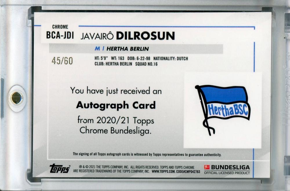 2020-21 Topps Chrome Bundesliga Hertha Berlin Javairo Dilrosun Chrome Autograph Gold Parallel Card 45 of 60