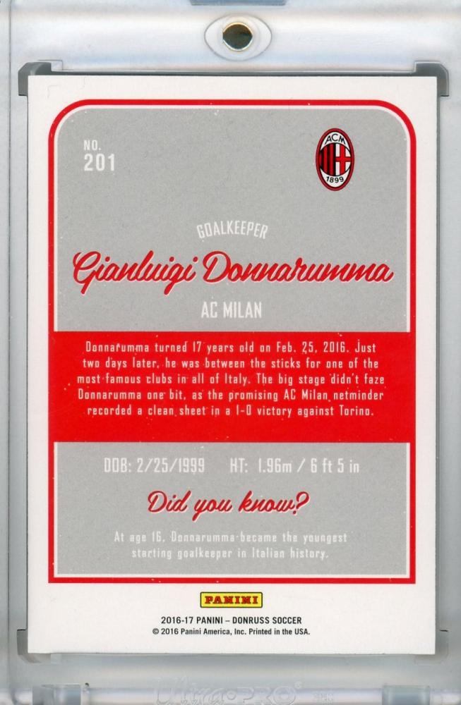 2016-17 Donruss AC Milan Gianluigi Donnarumma Base Donruss Debuts Gold parallel trading card