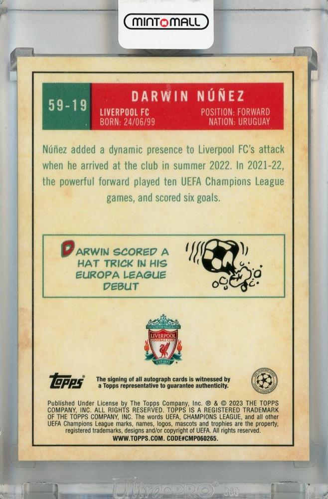 2022-23 Topps Chrome UEFA Club Competitions Darwin Nunez 1959 Topps Autographs #59-19 Liverpool FC