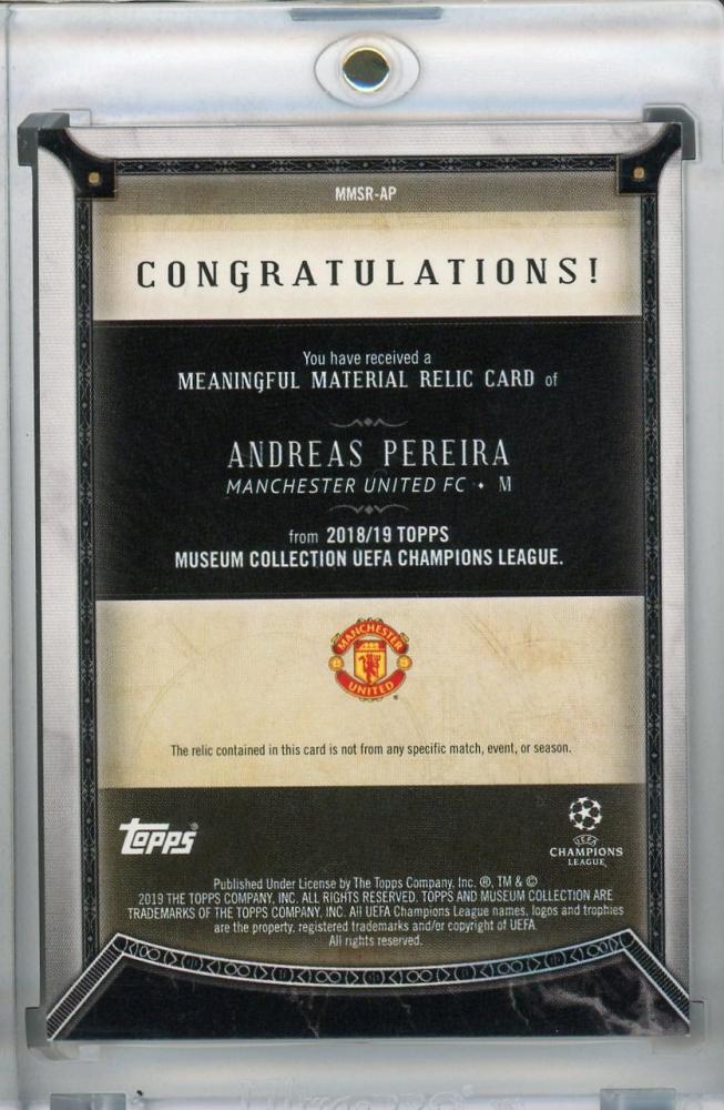 2018-19 Topps Museum Collection Andreas Pereira Manchester United FC single relic ruby card serial numbered 14 of 25
