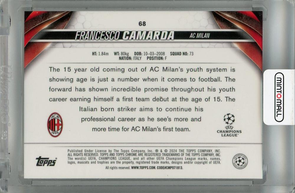 2023-24 Topps Chrome UEFA Club Competitions Francesco Camarda Base #68 RC AC Milan