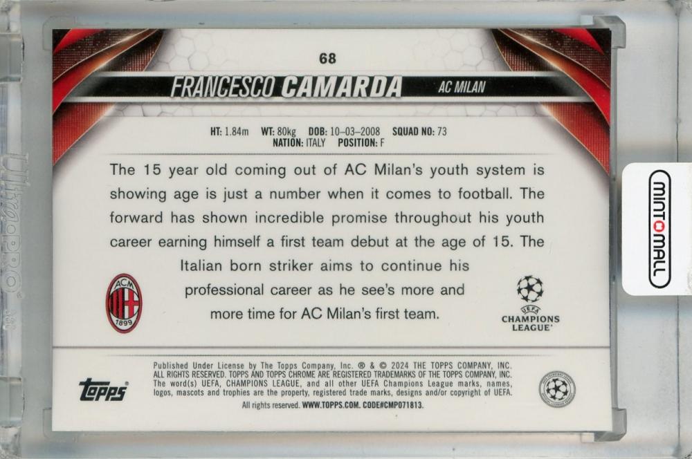 2023-24 Topps Chrome UEFA Club Competitions Francesco Camarda Base #68 RC AC Milan