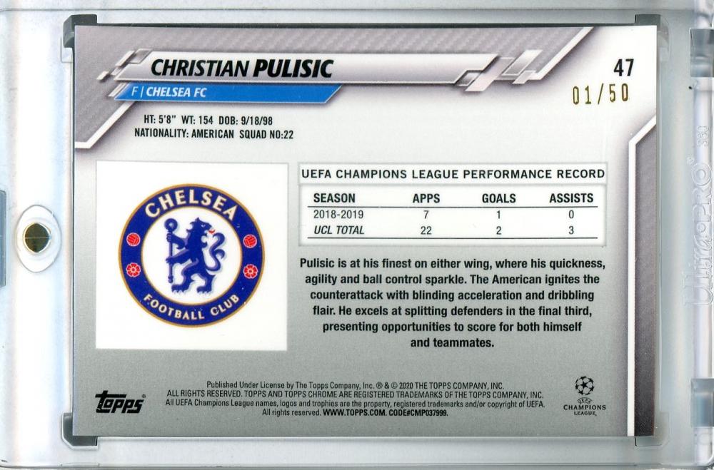 2019-20 Topps Chrome UEFA Champions League Chelsea FC Christian Pulisic Base Gold trading card serial 01/50