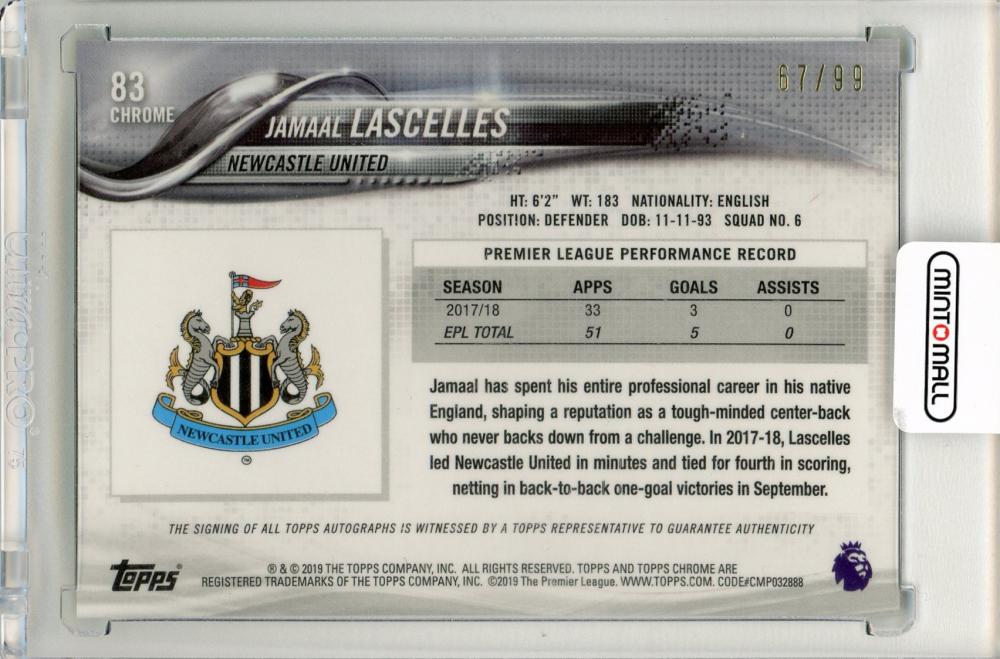 2018-19 Topps Chrome Premier League Jamaal Lascelles Green Refractors Autograph67/99 Newcastle United