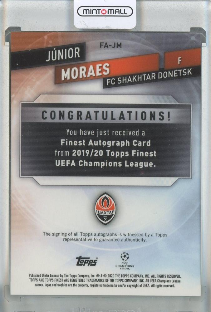 2020 Topps Finest UEFA Champions League Junior Moraes Autographs Green Refractors #FAJM94/99 FC Shakhtar Donetsk
